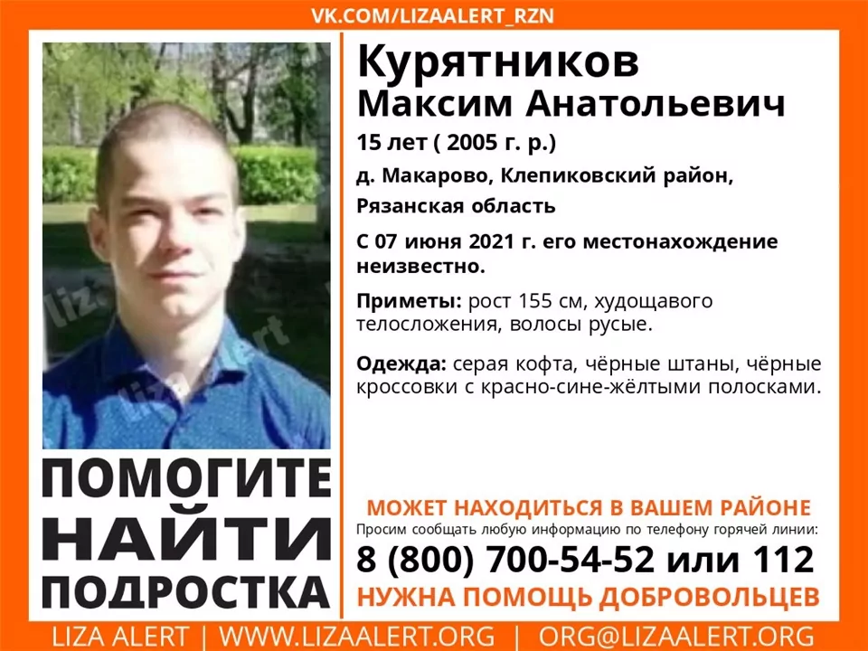 Рязанские волонтеры просят помощи туляков в поисках 15-летнего подростка