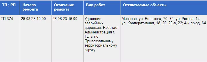 26 августа часть поселка Мясново останется без электричества