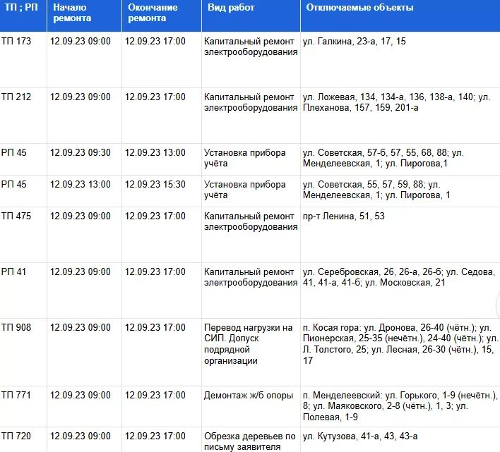 Часть Тулы останется без электричества 12 сентября