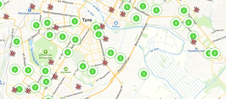 Карта активных очагов COVID-19 в Тульской области: 11 июня 